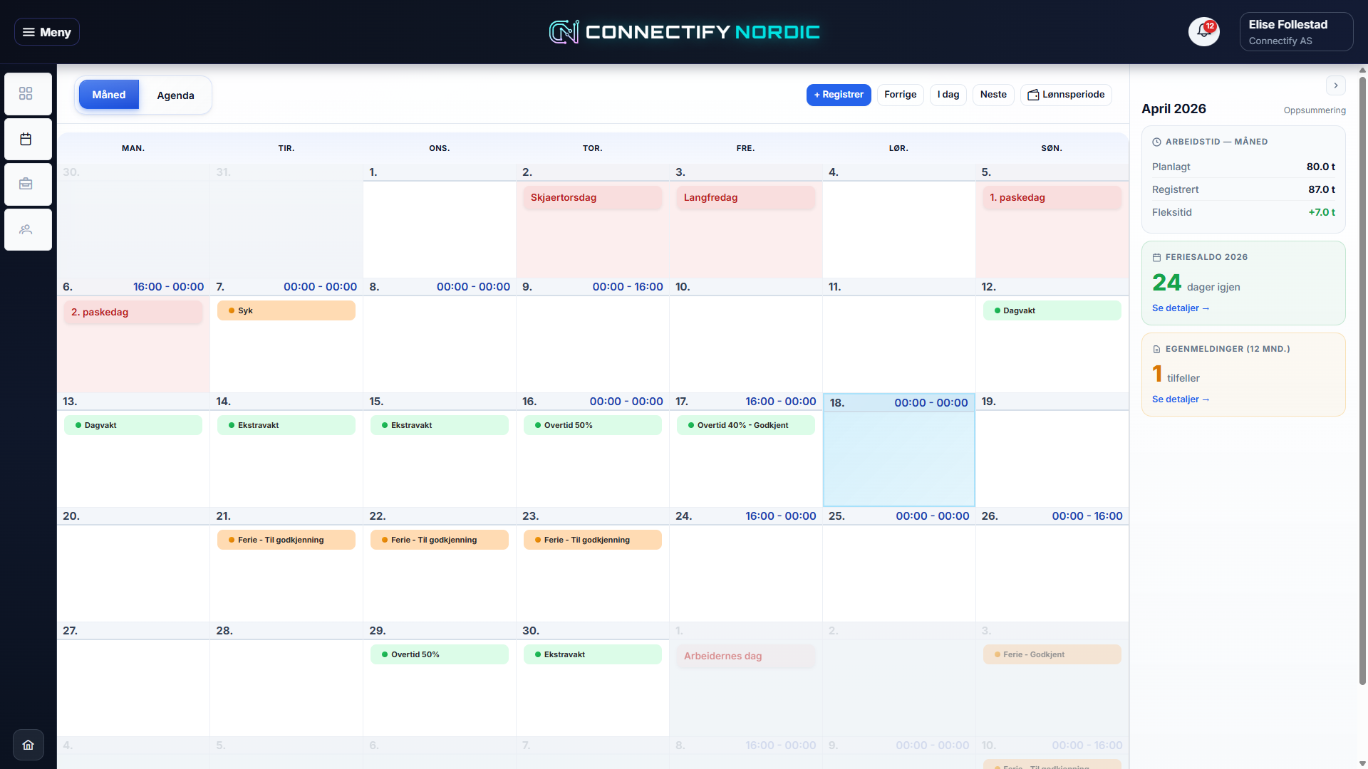 CN Calendar webversjon — turnusoversikt