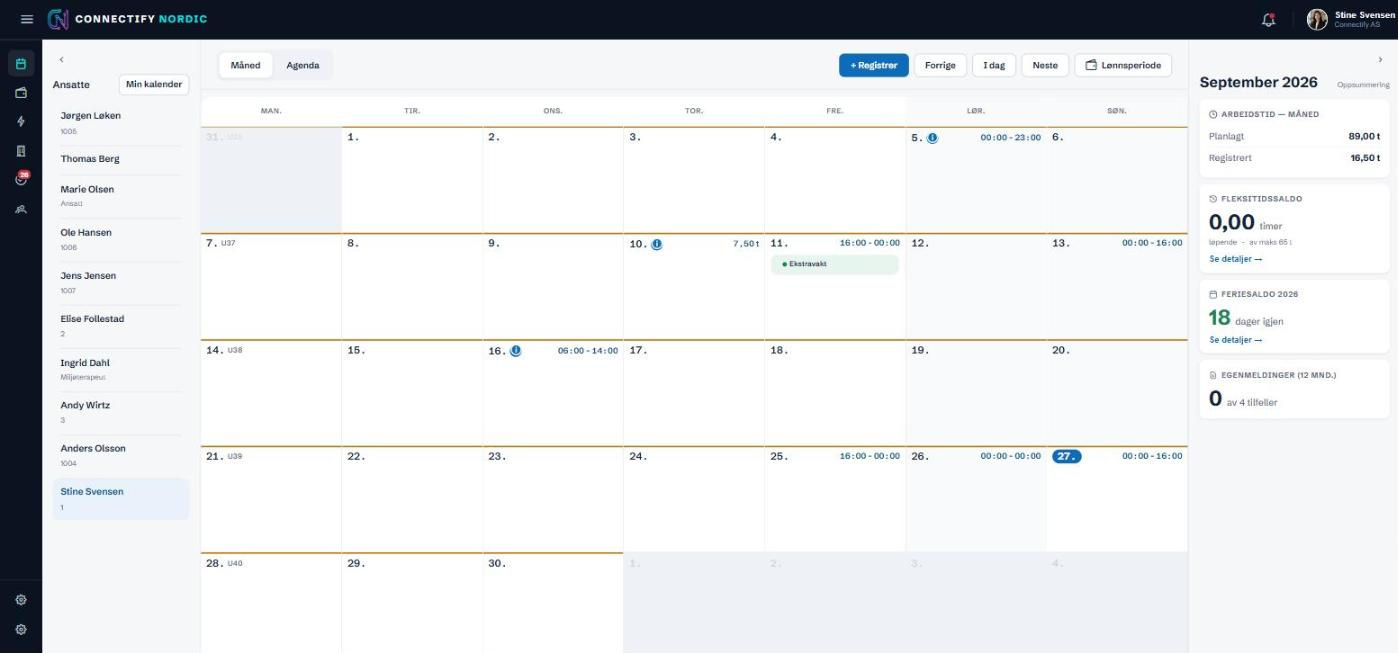 Månedskalenderen i Plan & Time for en ansatt, med ansattliste til venstre og saldoer for arbeidstid, fleksitid, ferie og egenmeldinger til høyre