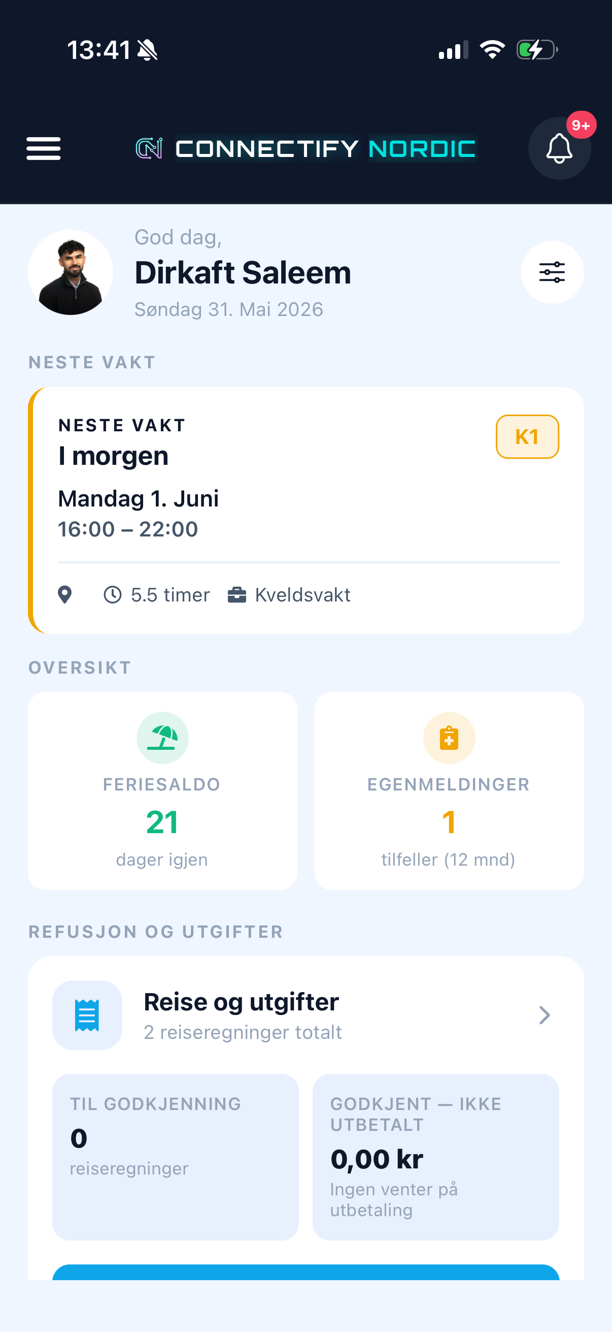 CN-mobilappen – hjemskjerm med neste vakt og saldoer