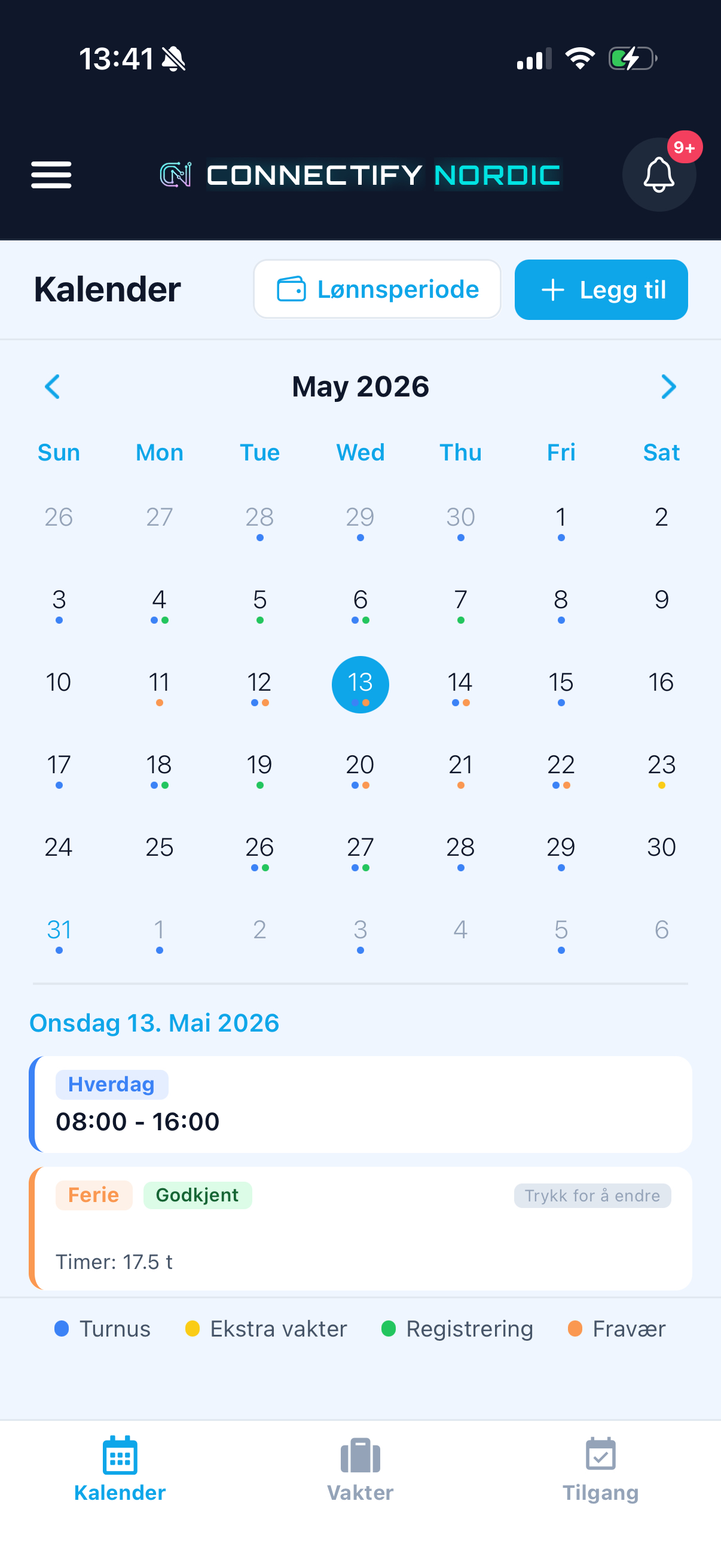 CN-mobilappen – månedskalender med vakter