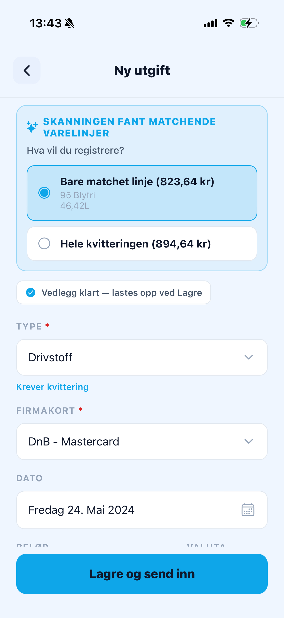 CN-mobilappen – ny utgift med firmakort og matchede varelinjer