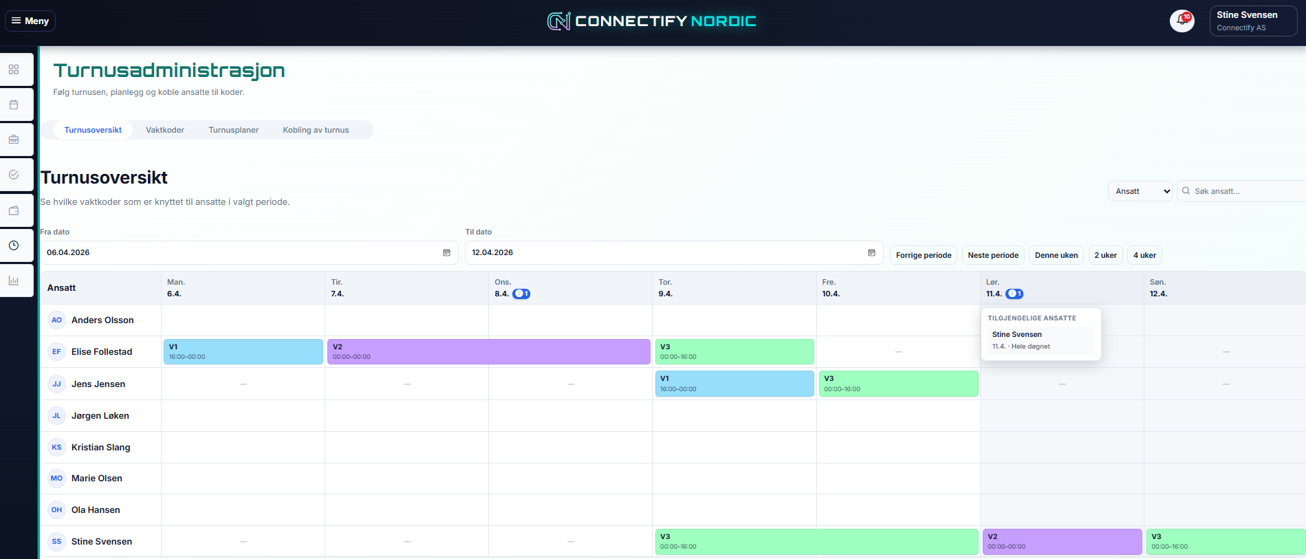 Skjermbilde av turnusoversikten i CN Calendar